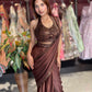 Brown Grand Designer Draped Saree Set with Sequin Halter Blouse