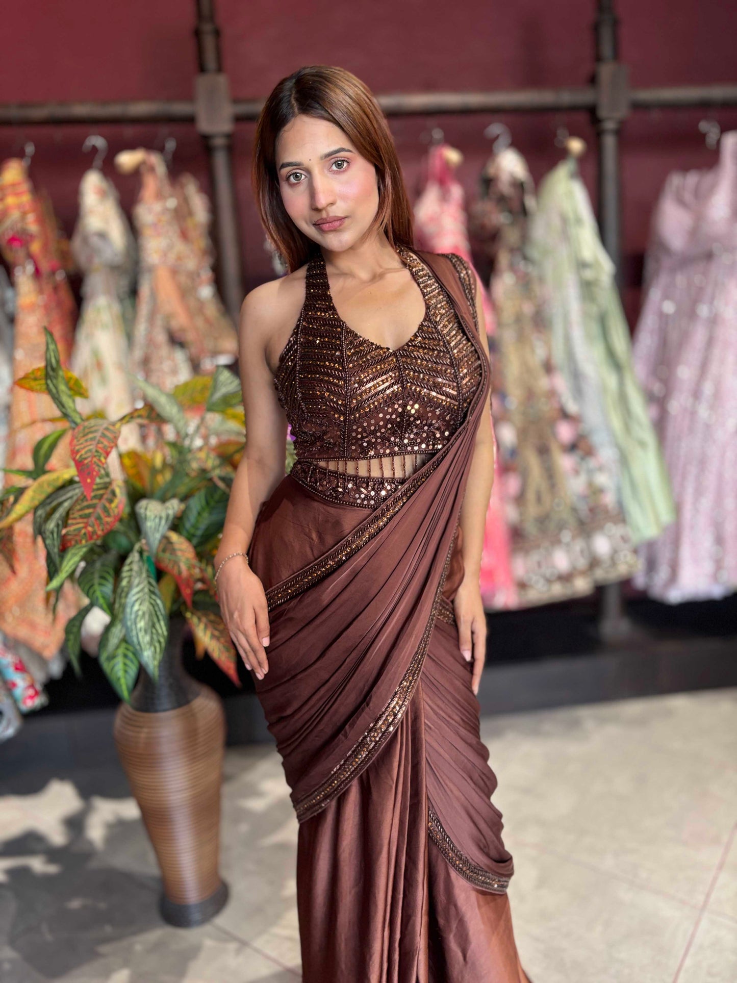 Brown Grand Designer Draped Saree Set with Sequin Halter Blouse