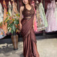 Brown Grand Designer Draped Saree Set with Sequin Halter Blouse