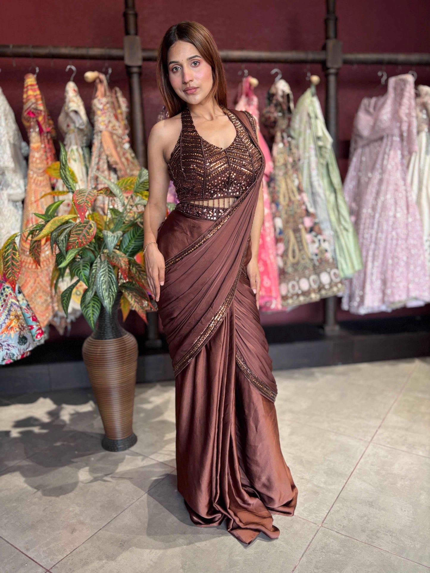 Brown Grand Designer Draped Saree Set with Sequin Halter Blouse