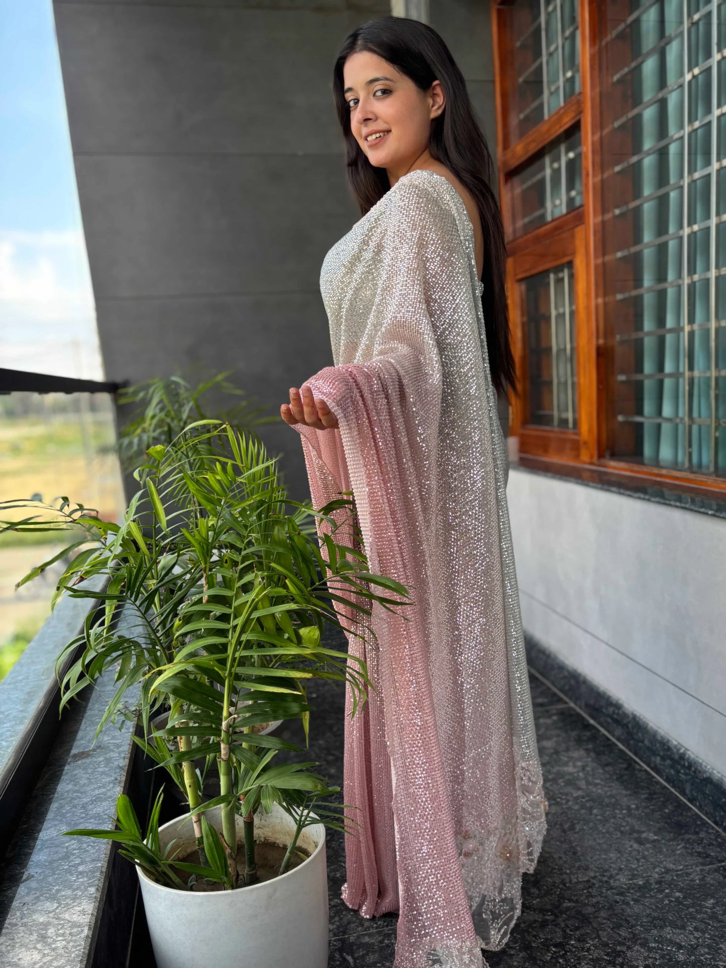 Blush Silver Ombre Saree With Sequin Embellishments Lace Border