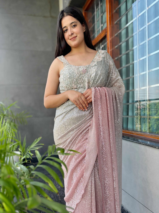 Blush Silver Ombre Saree With Sequin Embellishments Lace Border