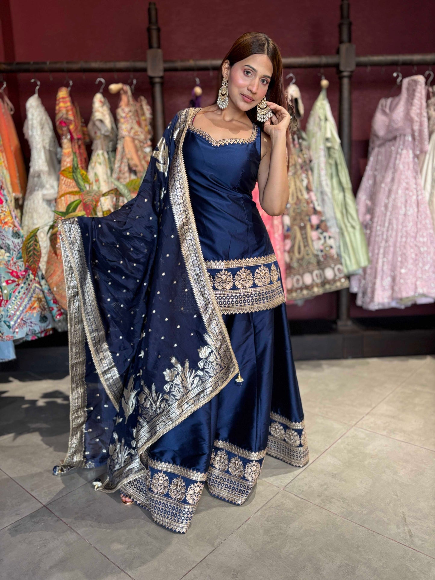 Navy Blue Designer Peplum Sharara Set with Embroidered Dupatta