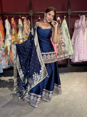 Navy Blue Designer Peplum Sharara Set with Embroidered Dupatta