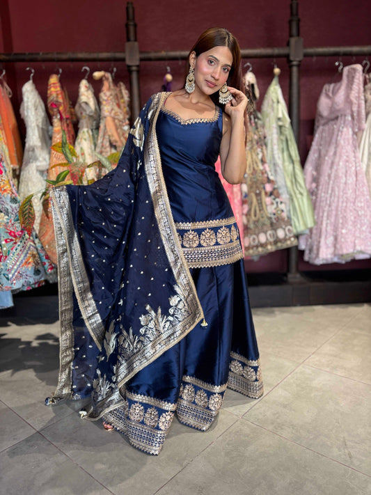 Navy Blue Designer Peplum Sharara Set with Embroidered Dupatta