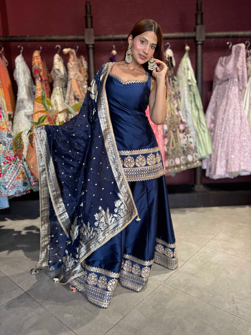 Navy Blue Designer Peplum Sharara Set with Embroidered Dupatta