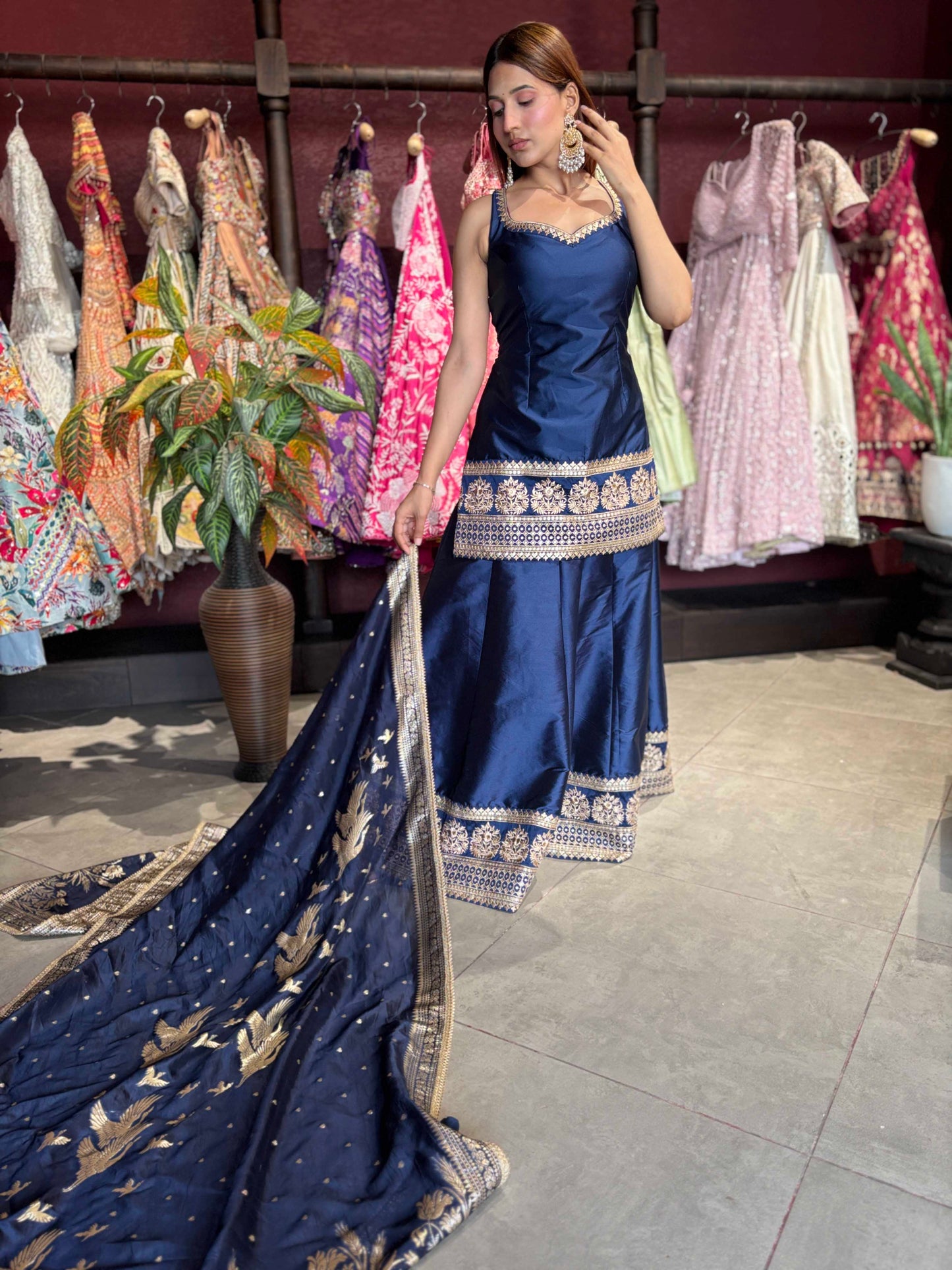 Navy Blue Designer Peplum Sharara Set with Embroidered Dupatta