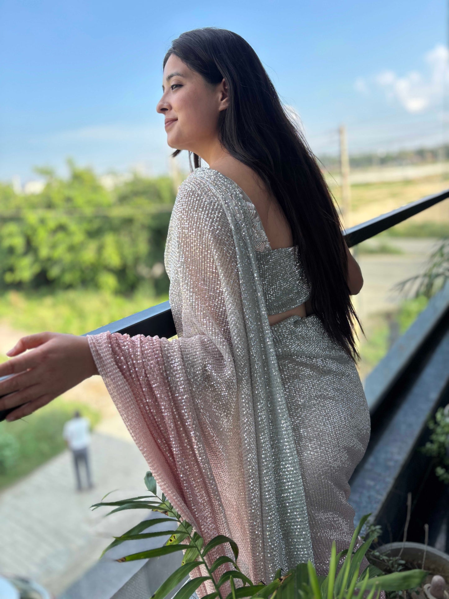 Blush Silver Ombre Saree With Sequin Embellishments Lace Border