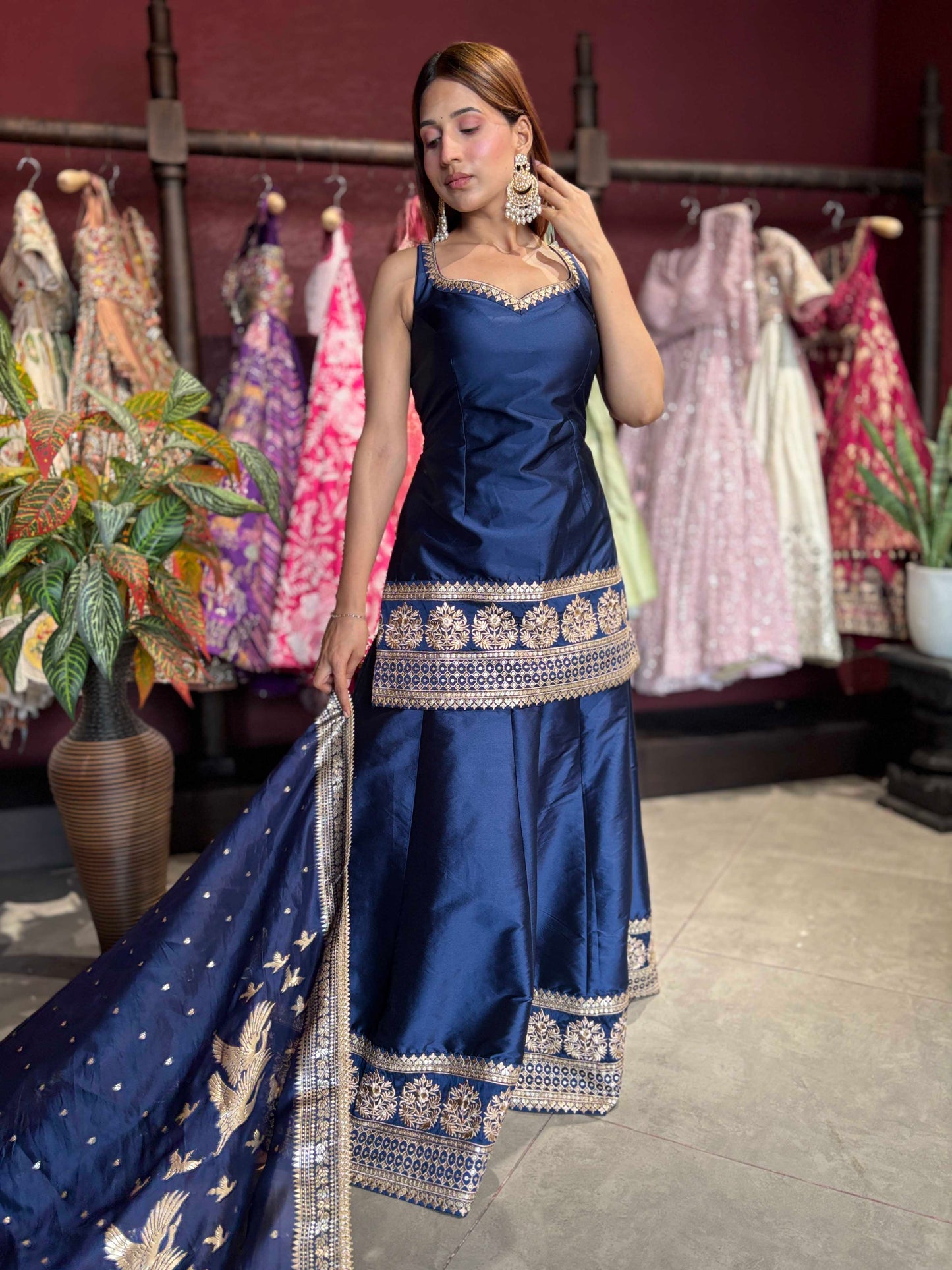 Navy Blue Designer Peplum Sharara Set with Embroidered Dupatta