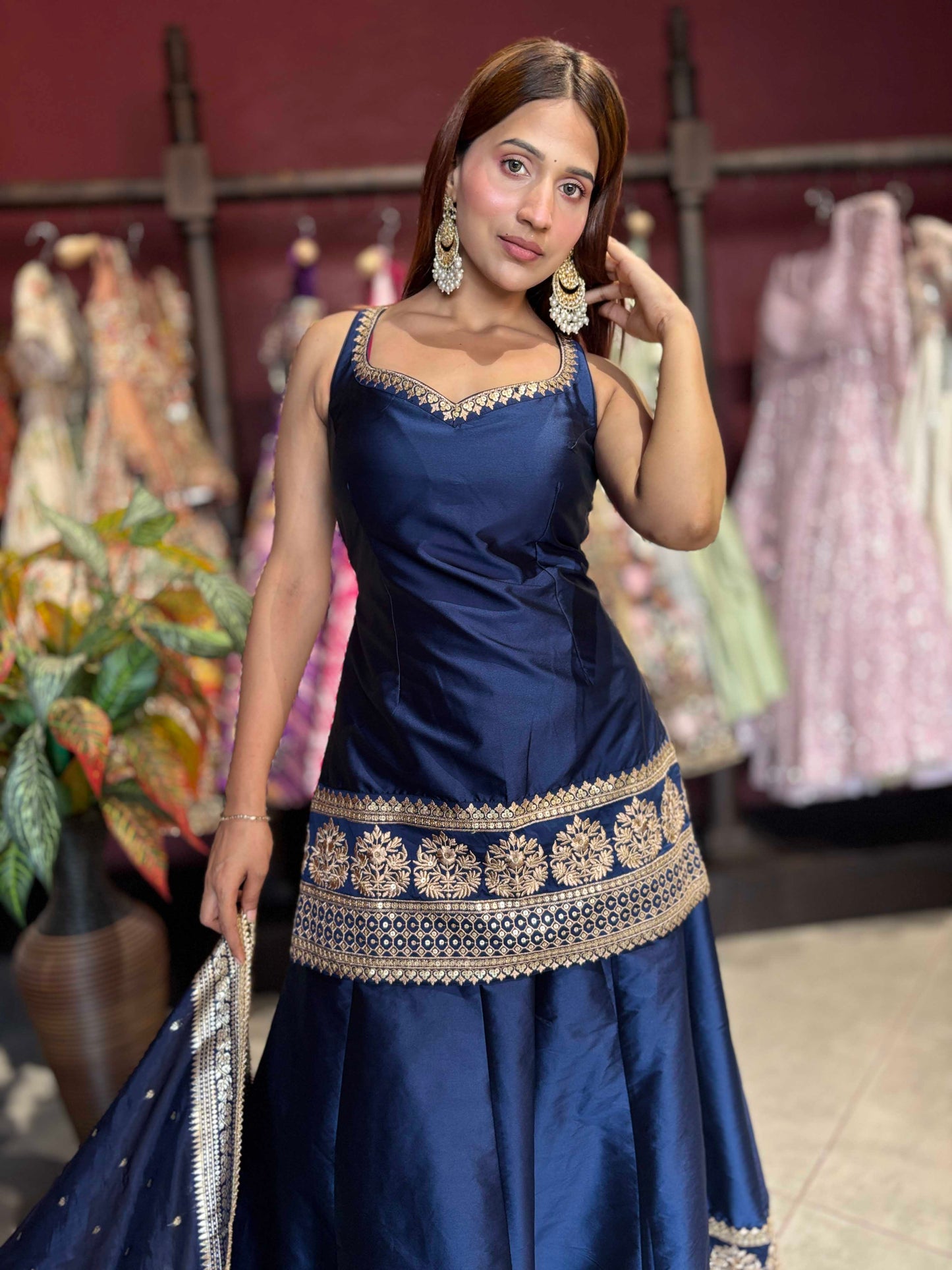 Navy Blue Designer Peplum Sharara Set with Embroidered Dupatta
