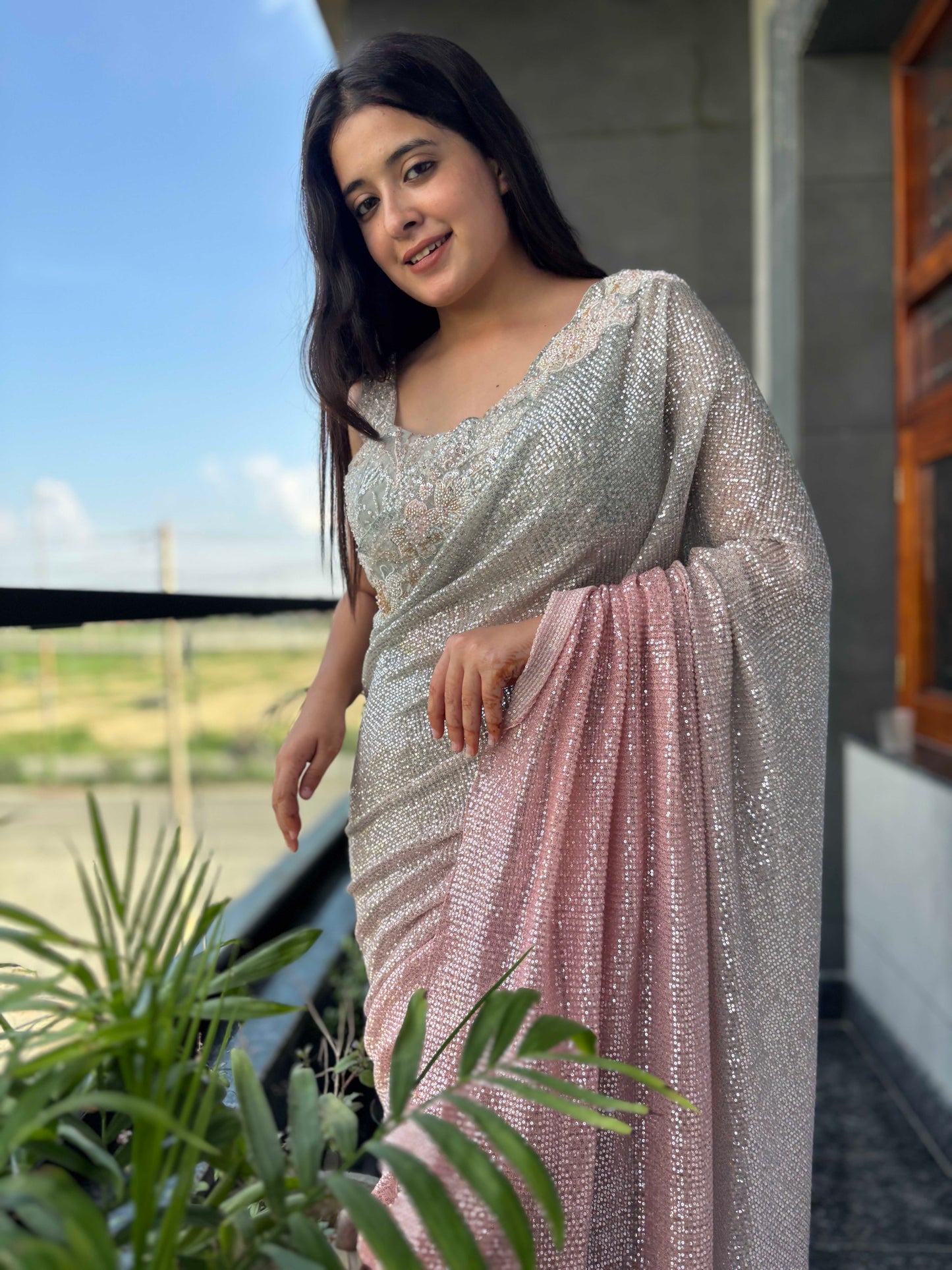 Blush Silver Ombre Saree With Sequin Embellishments Lace Border