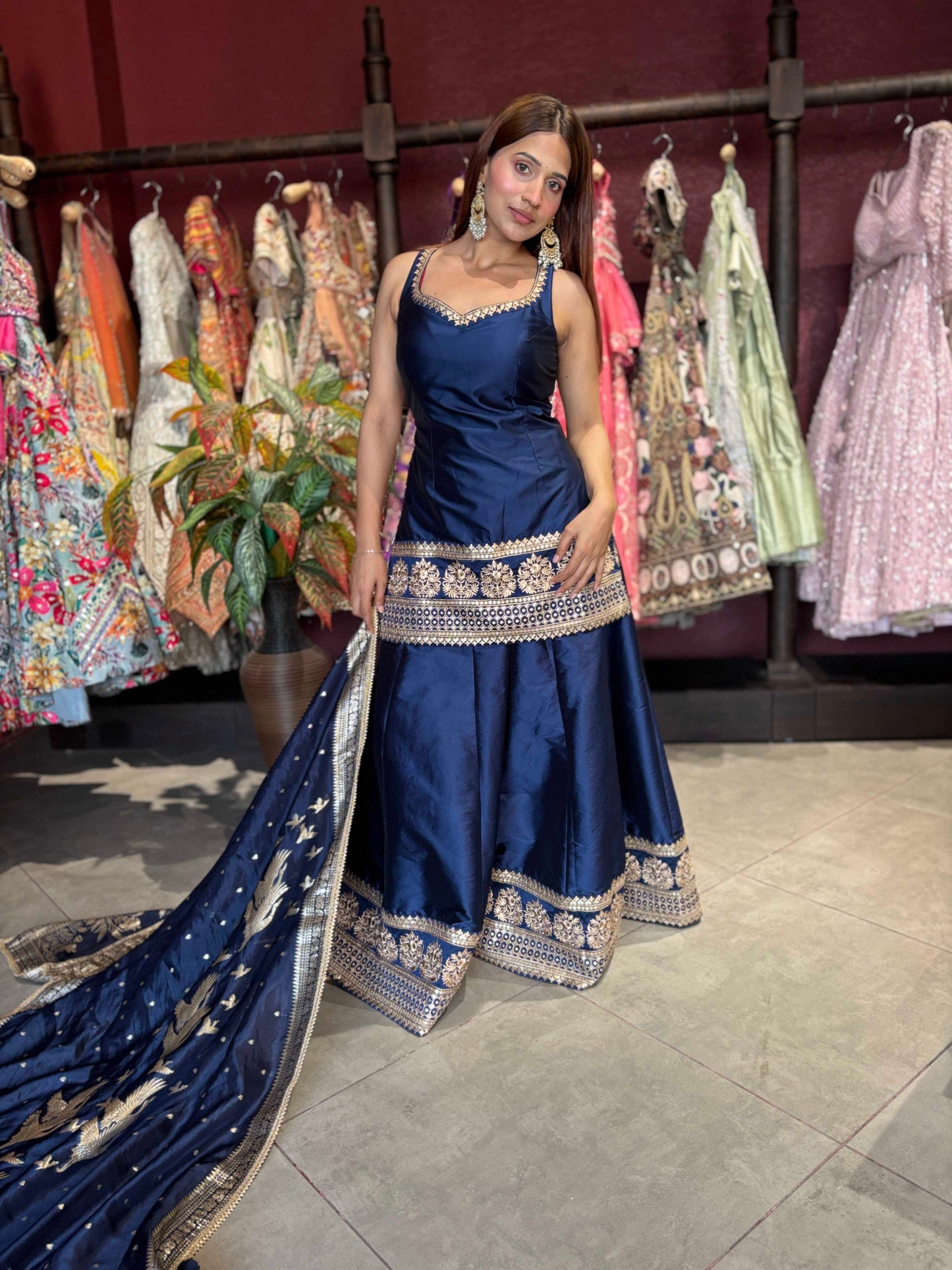 Navy Blue Designer Peplum Sharara Set with Embroidered Dupatta