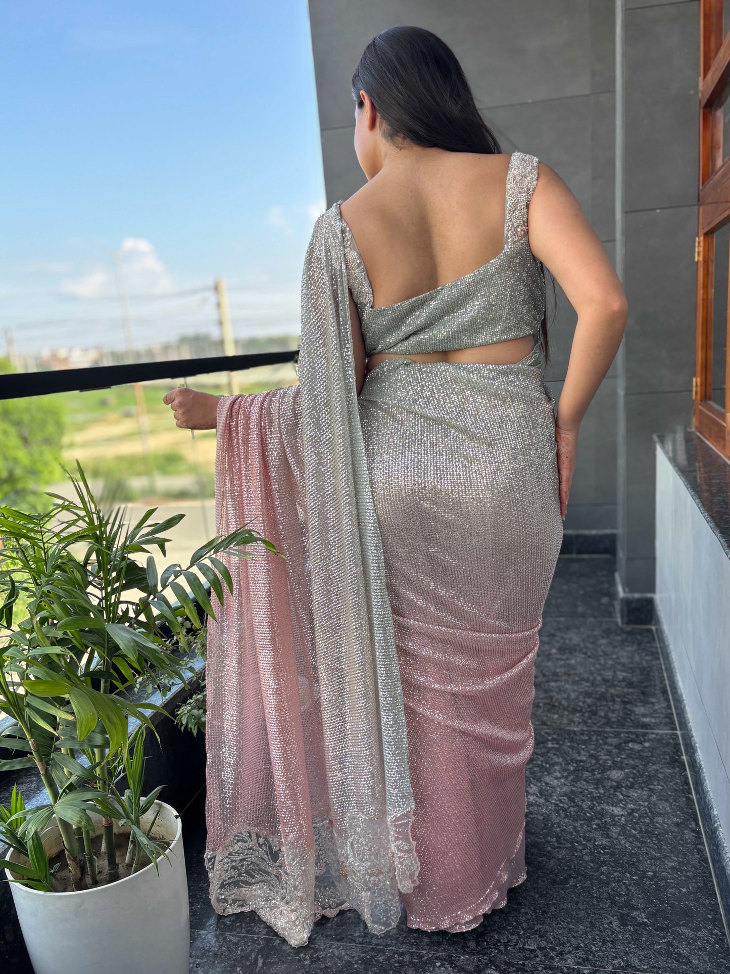 Blush Silver Ombre Saree With Sequin Embellishments Lace Border