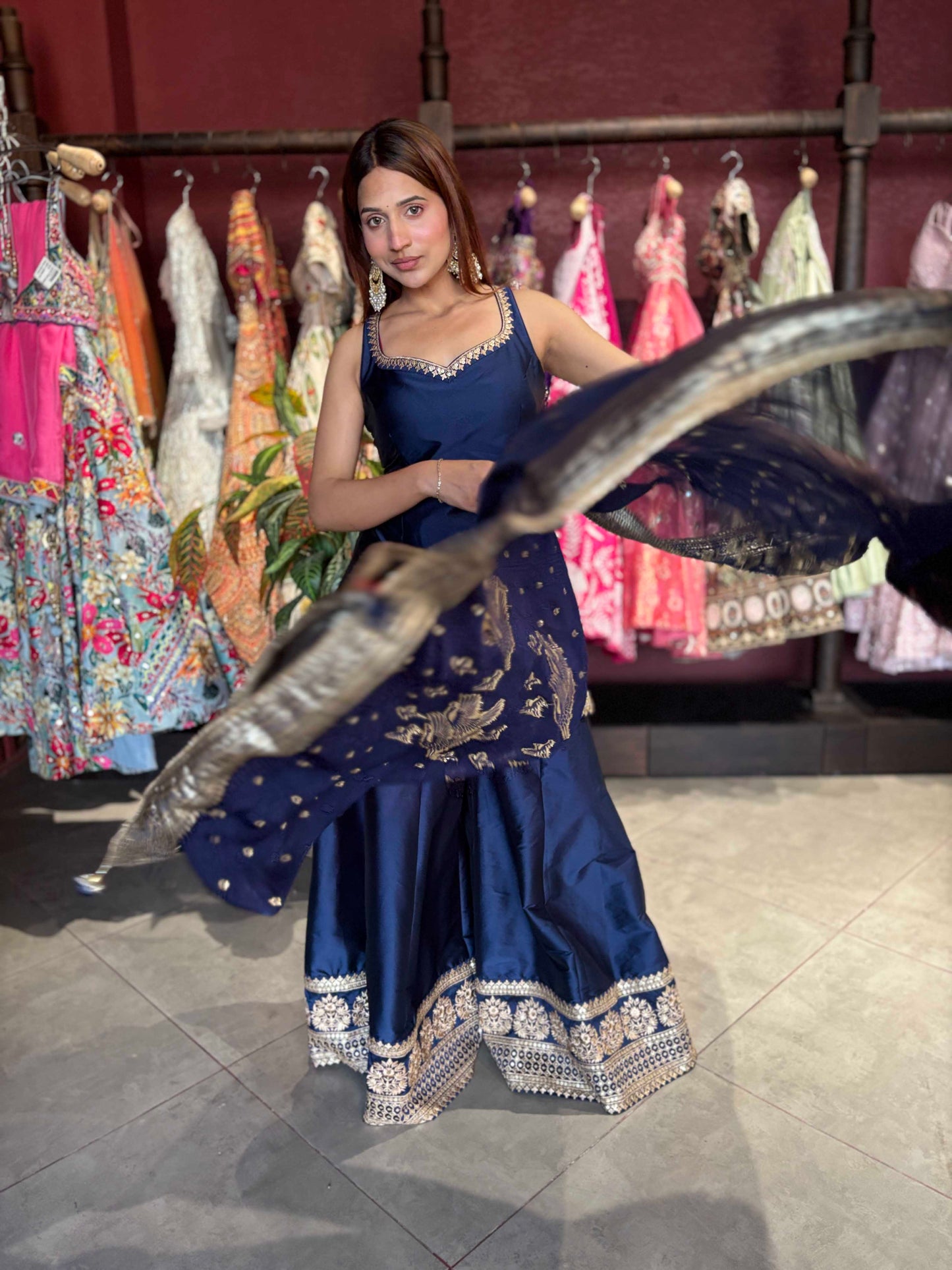 Navy Blue Designer Peplum Sharara Set with Embroidered Dupatta