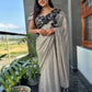 Silver Sequin Saree With Black Floral Embroidered Border Blouse