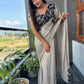 Silver Sequin Saree With Black Floral Embroidered Border Blouse