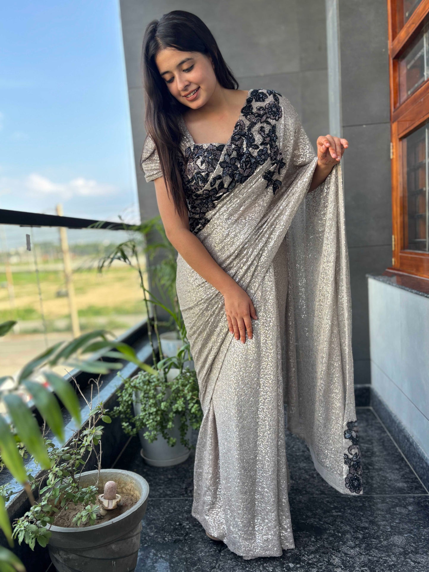 Silver Sequin Saree With Black Floral Embroidered Border Blouse