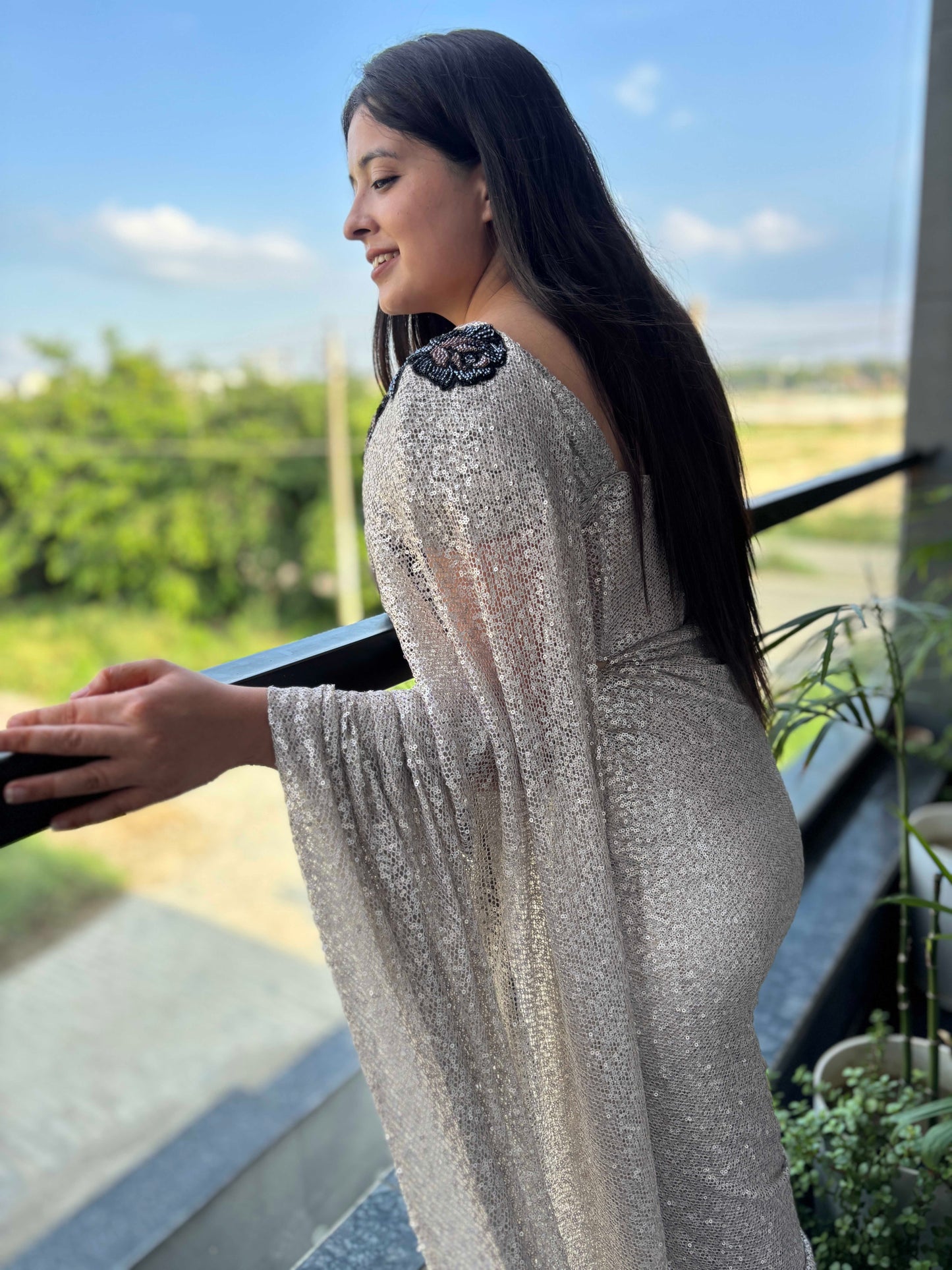 Silver Sequin Saree With Black Floral Embroidered Border Blouse