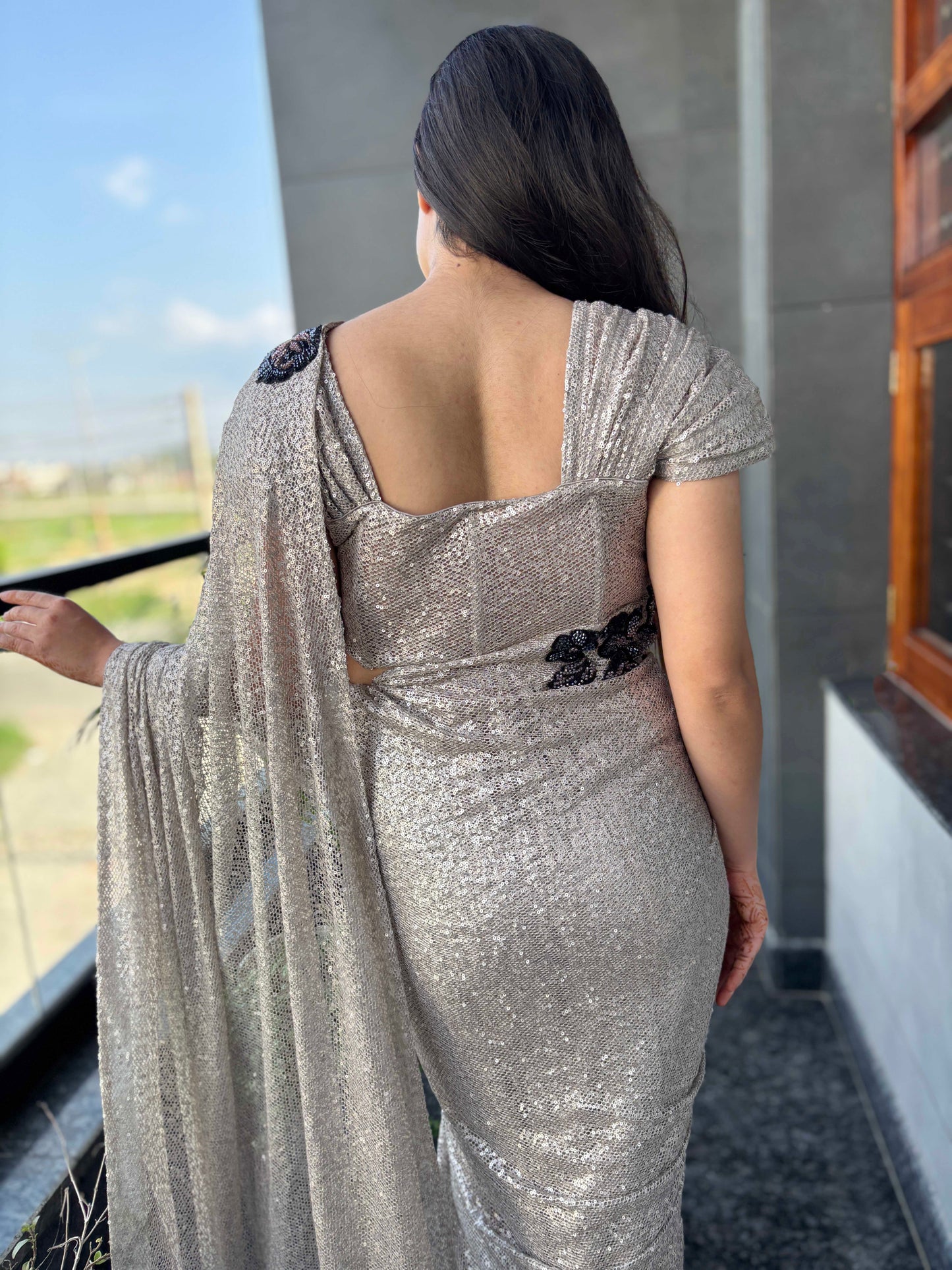 Silver Sequin Saree With Black Floral Embroidered Border Blouse