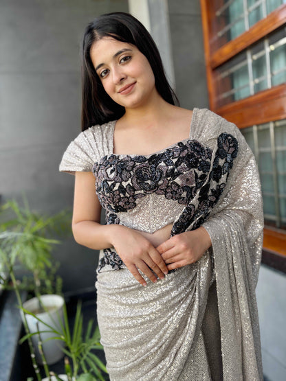 Silver Sequin Saree With Black Floral Embroidered Border Blouse