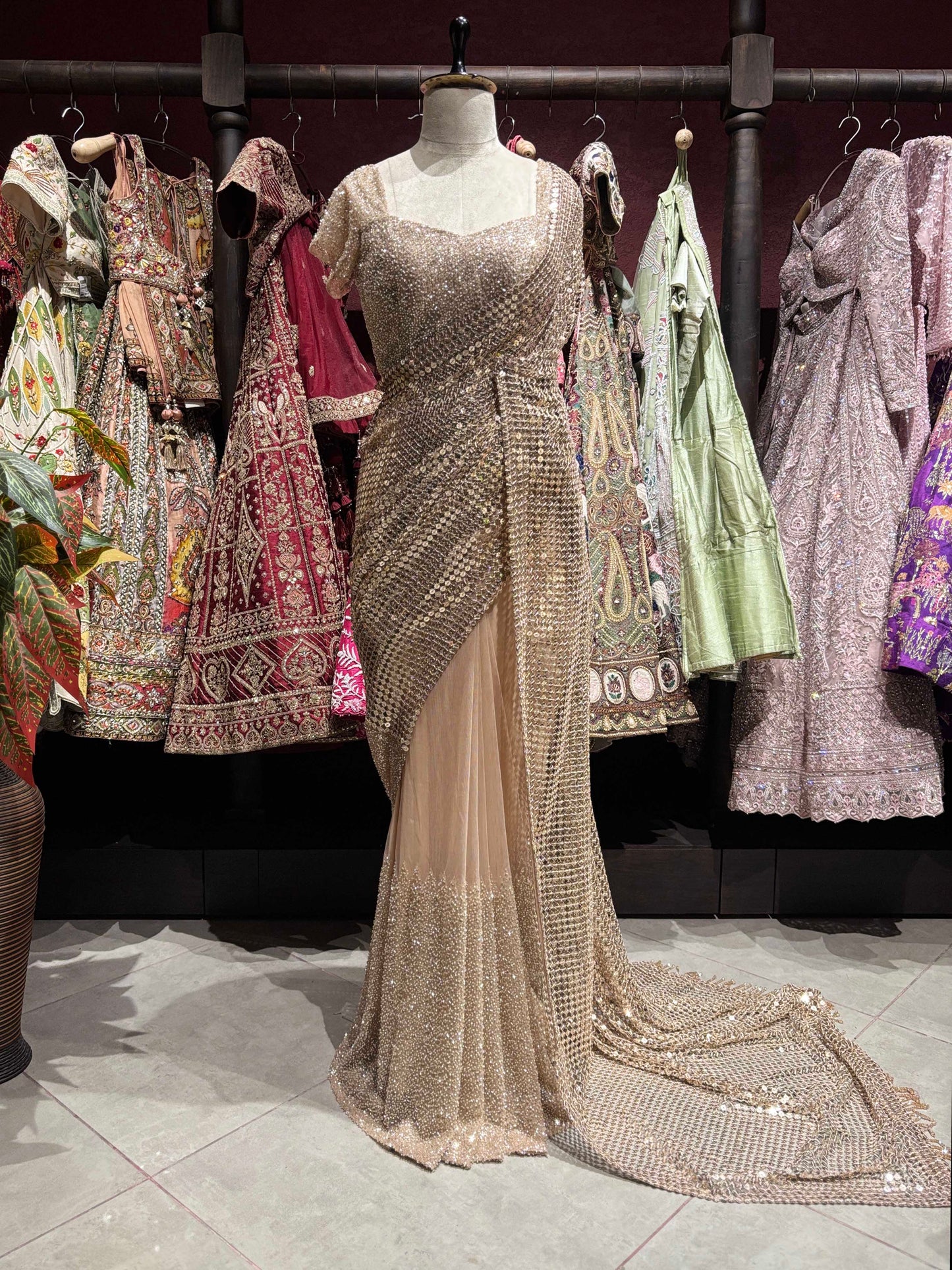Golden Readymade Blouse Saree With Sequins And Cutdana Work