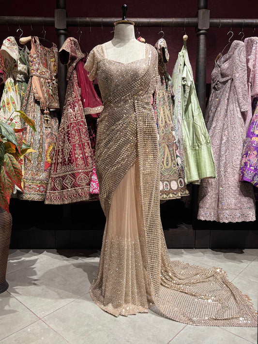 Golden Readymade Blouse Saree With Sequins And Cutdana Work