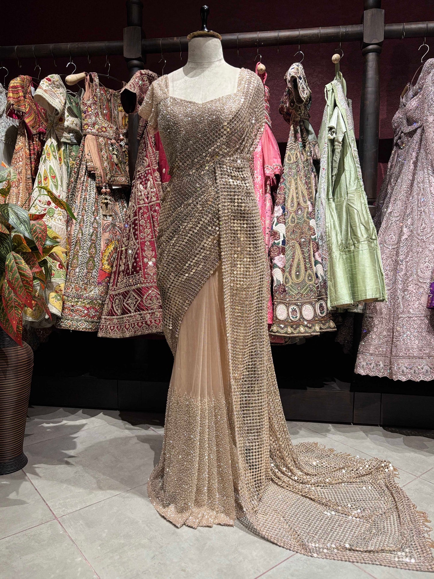Golden Readymade Blouse Saree With Sequins And Cutdana Work