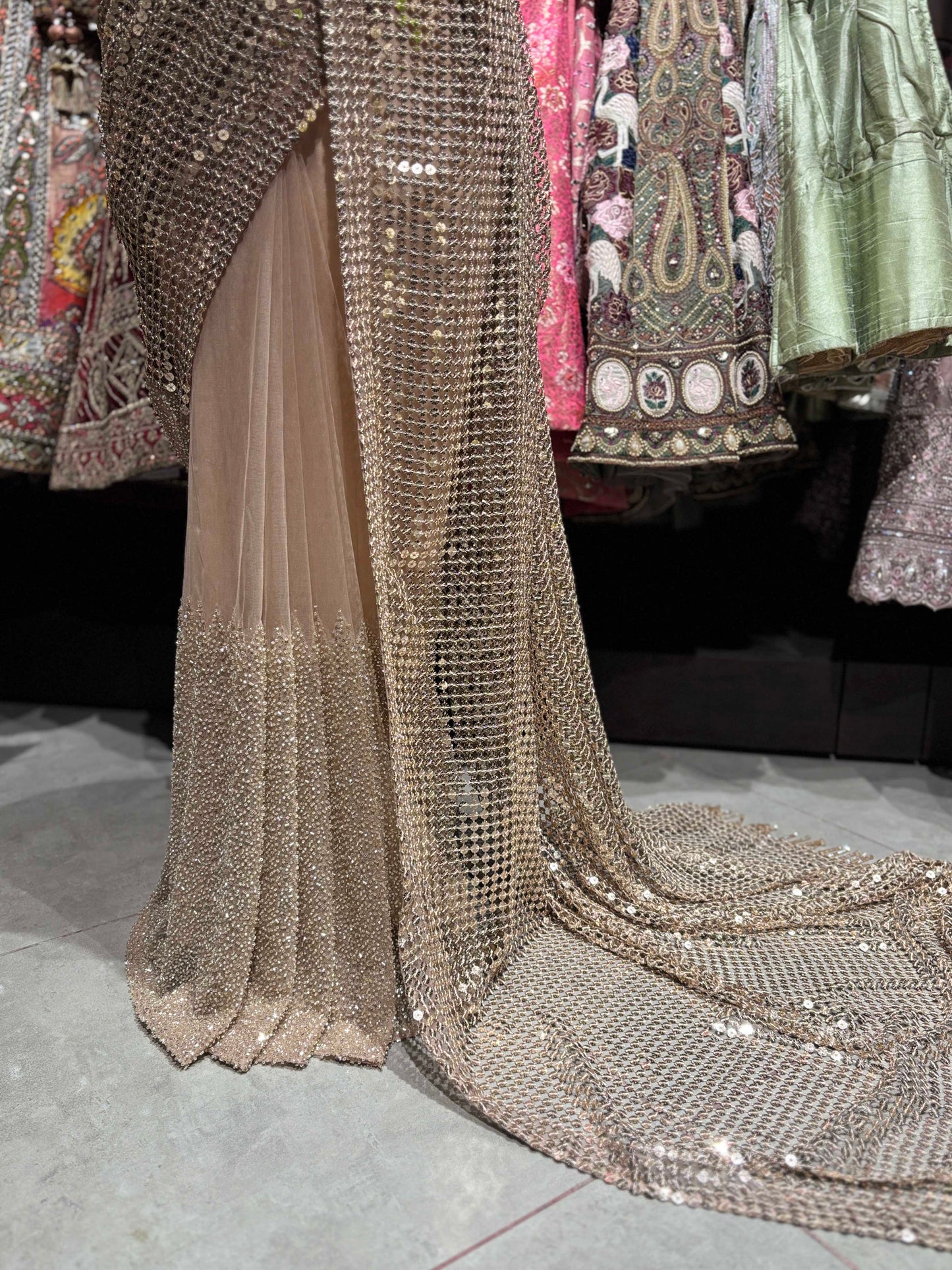 Golden Readymade Blouse Saree With Sequins And Cutdana Work