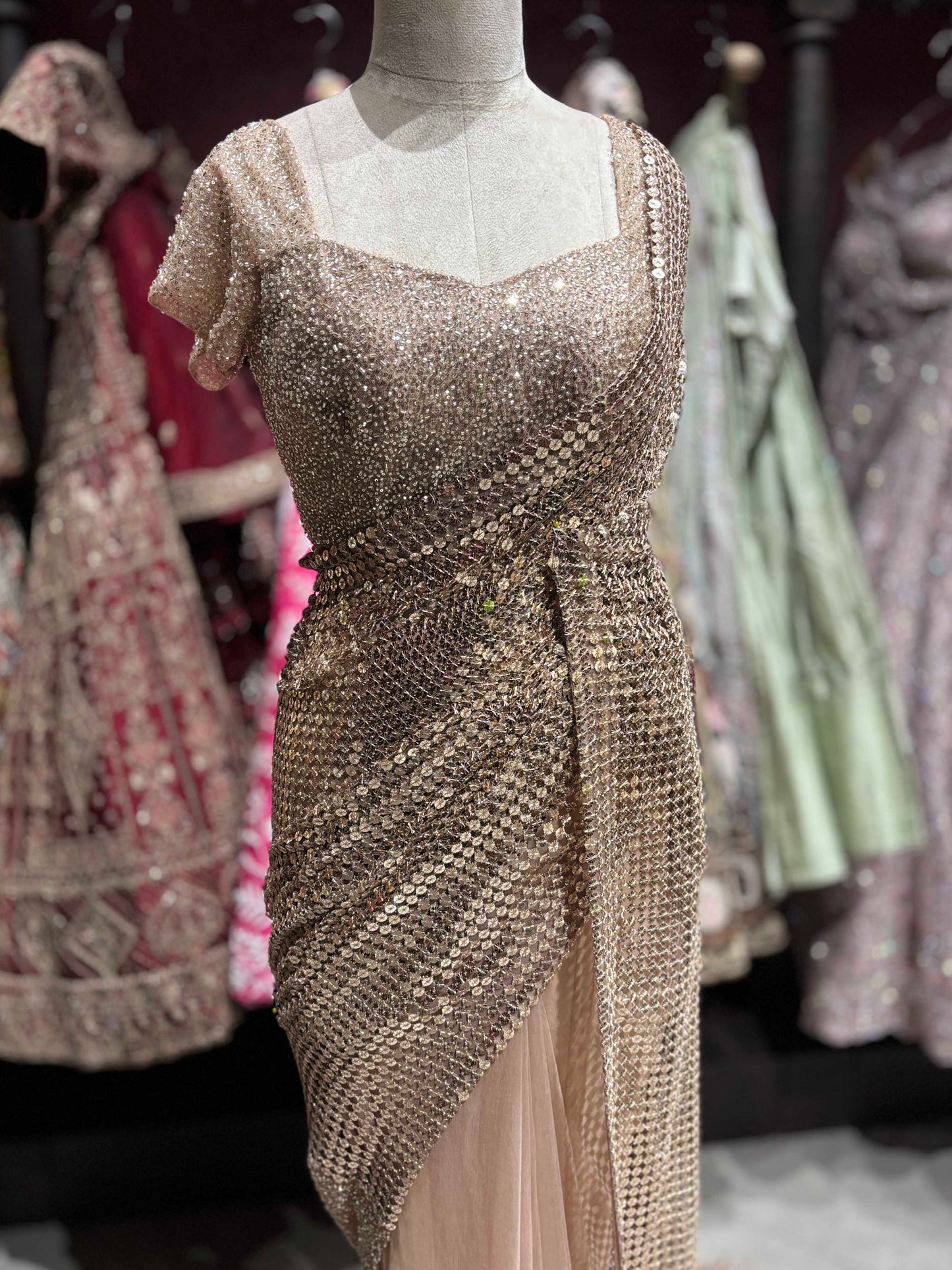 Golden Readymade Blouse Saree With Sequins And Cutdana Work