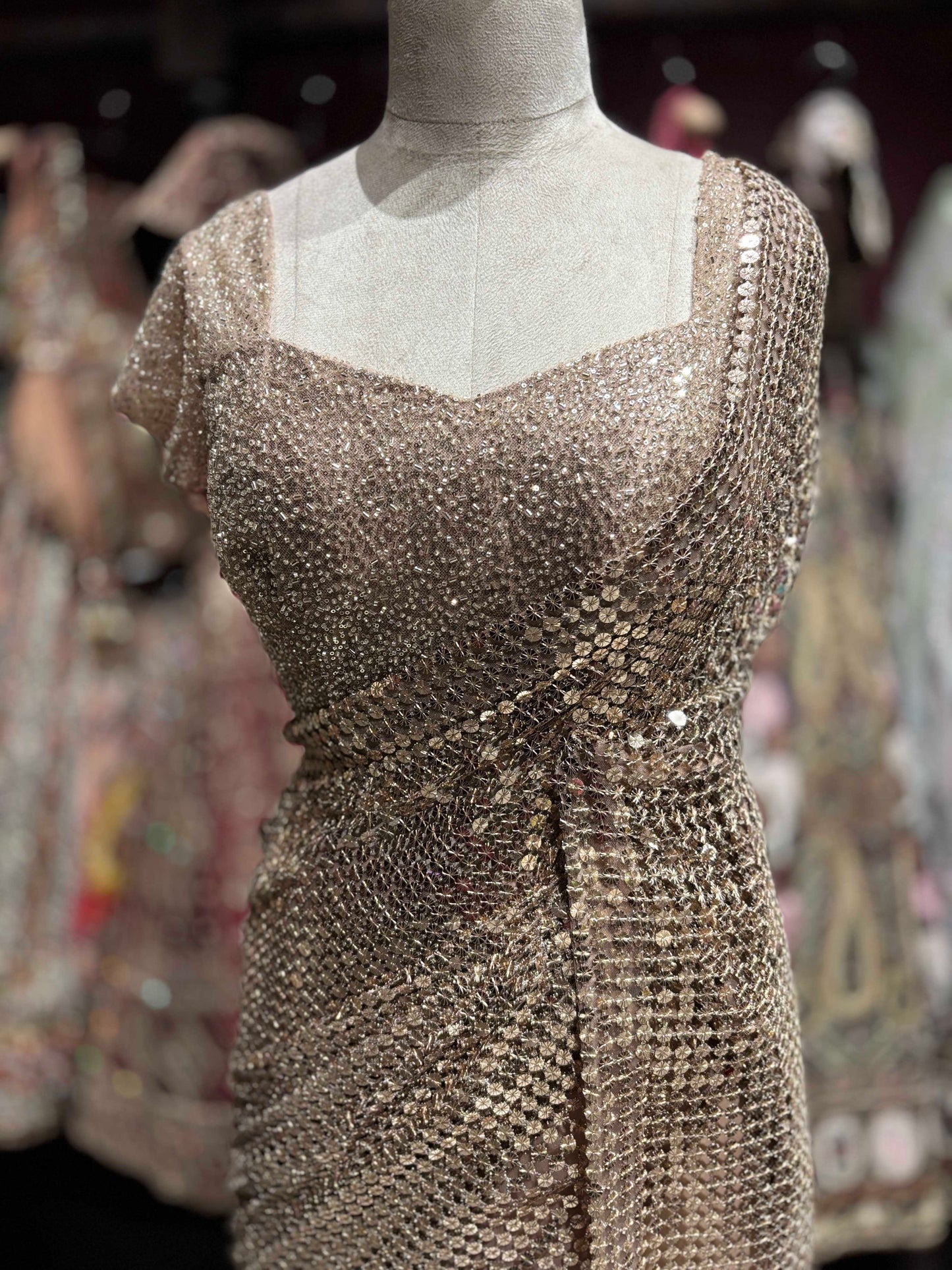 Golden Readymade Blouse Saree With Sequins And Cutdana Work