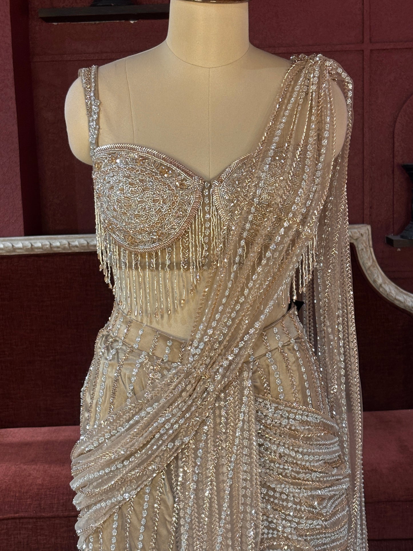 Designer Shimmering Drape Saree with Beaded Elegance