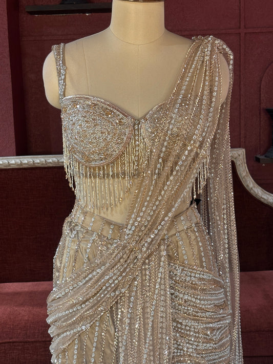 Designer Shimmering Drape Saree with Beaded Elegance