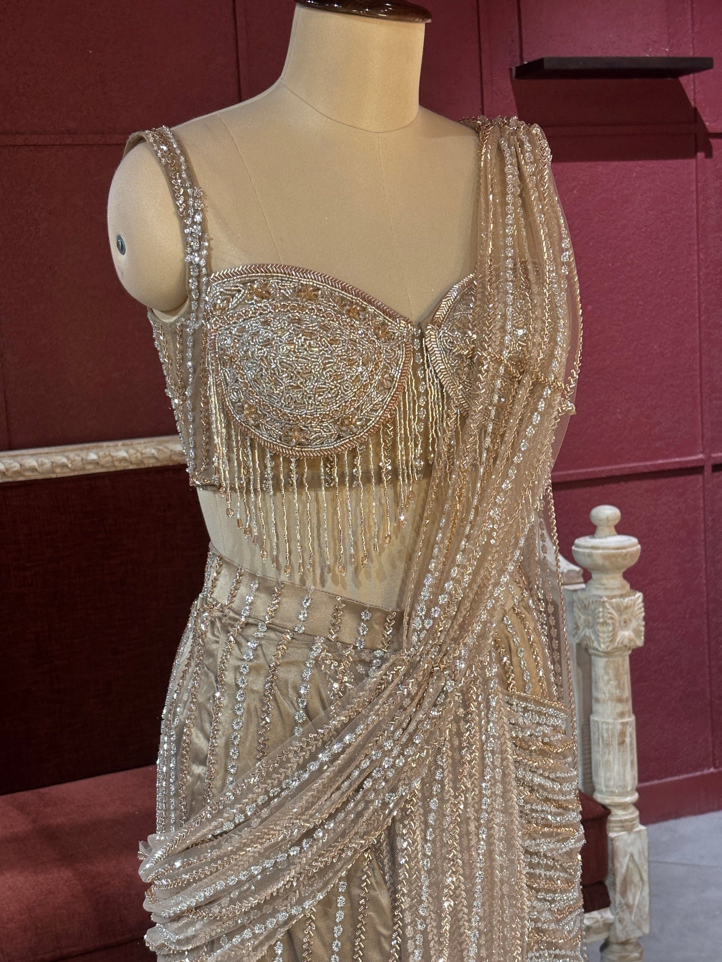 Designer Shimmering Drape Saree with Beaded Elegance