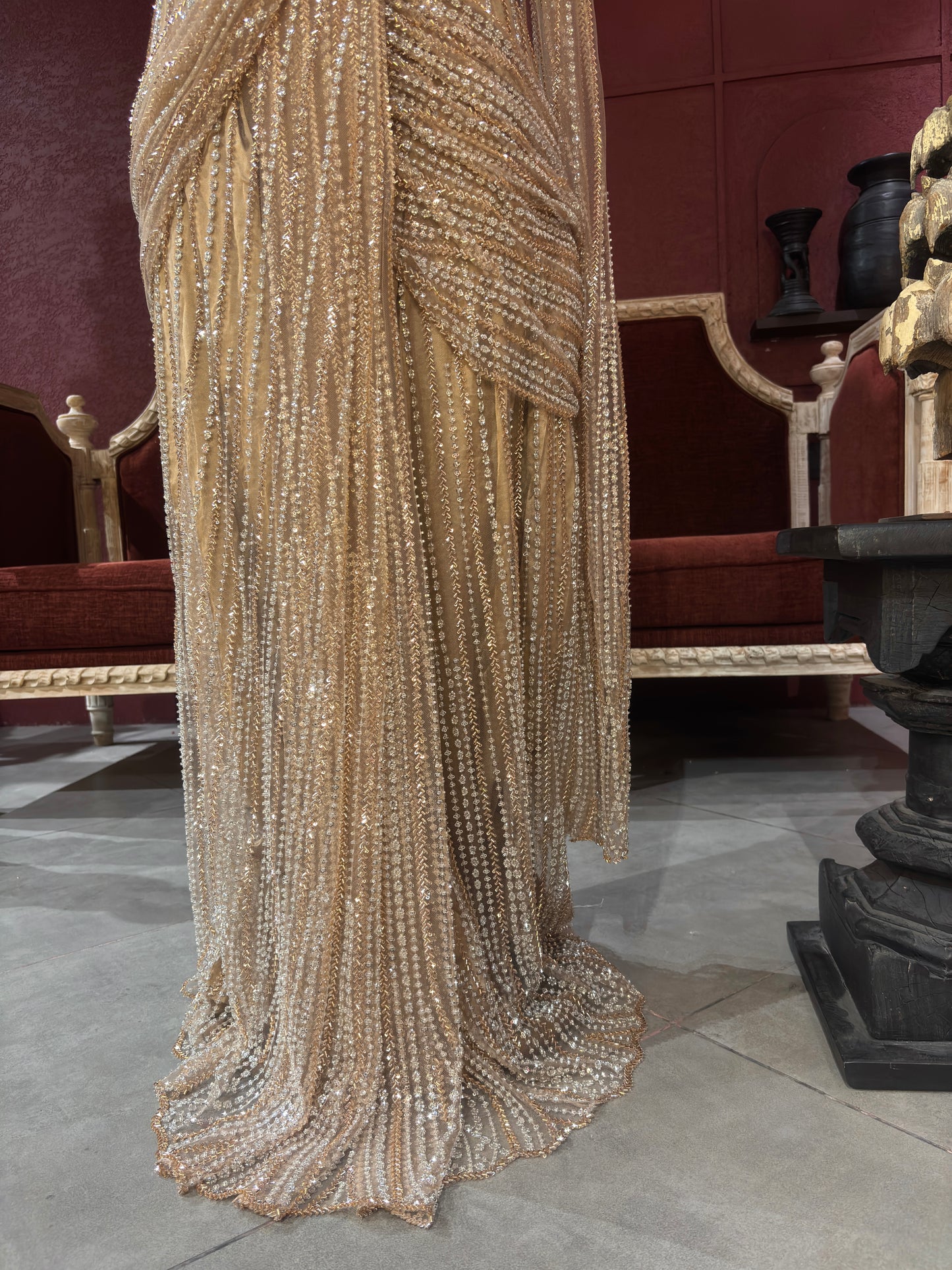 Designer Shimmering Drape Saree with Beaded Elegance
