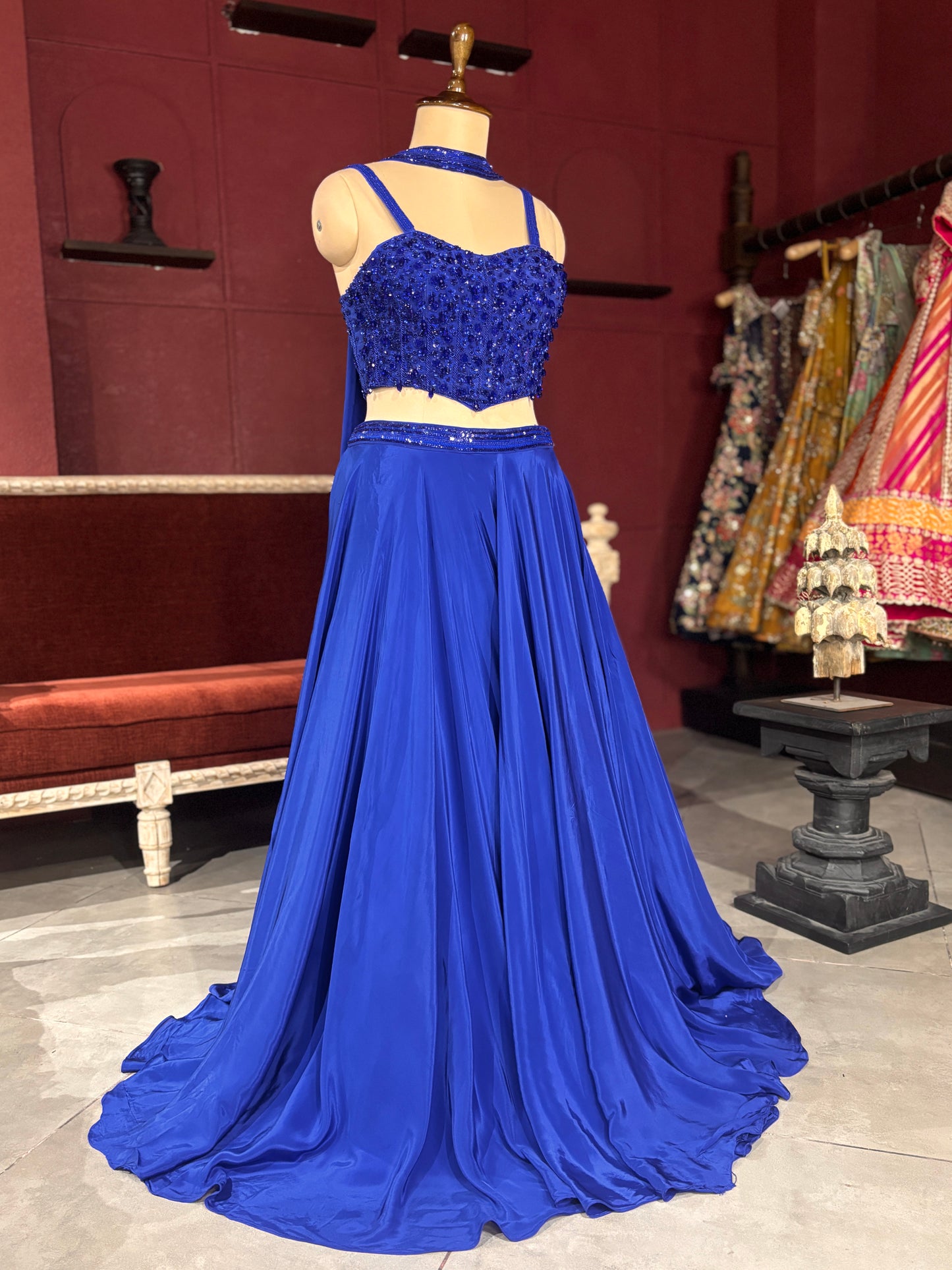 Royal Blue Lehenga with Sequined Beaded Crop Top