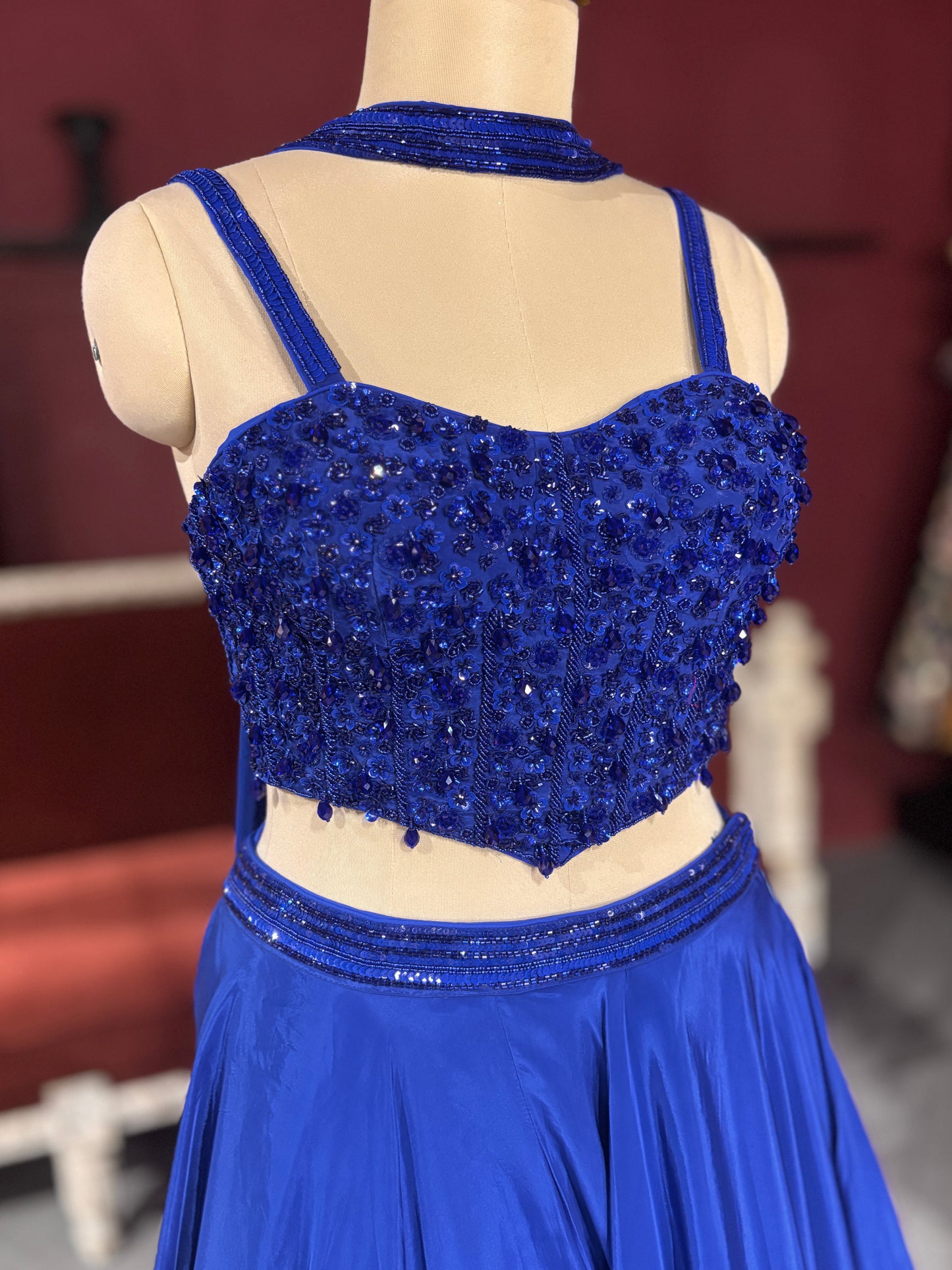 Royal Blue Lehenga with Sequined Beaded Crop Top