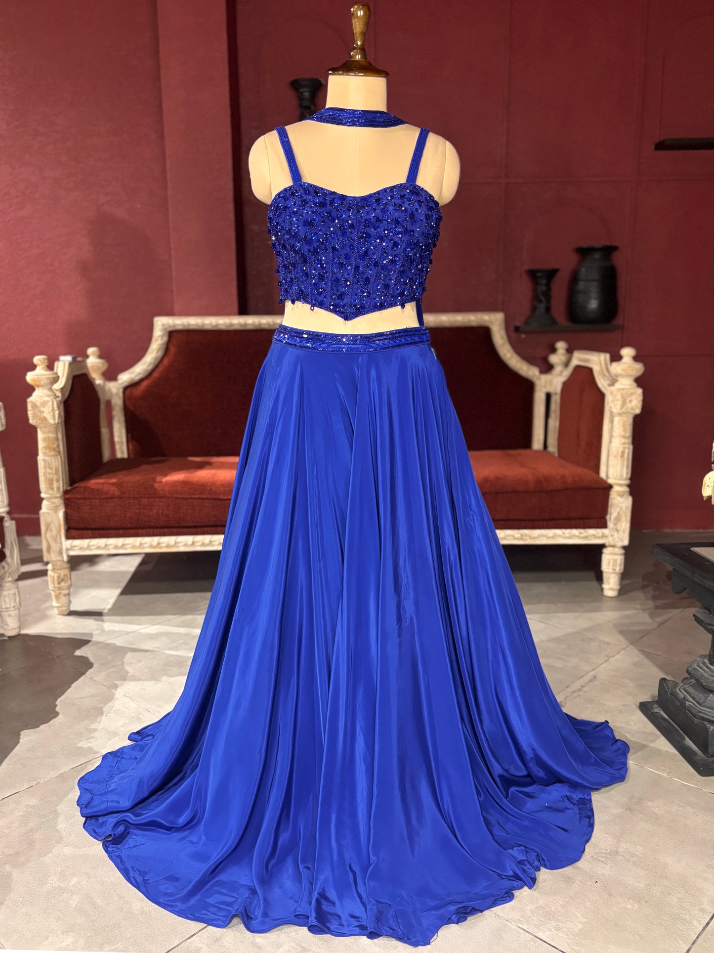 Royal Blue Lehenga with Sequined Beaded Crop Top