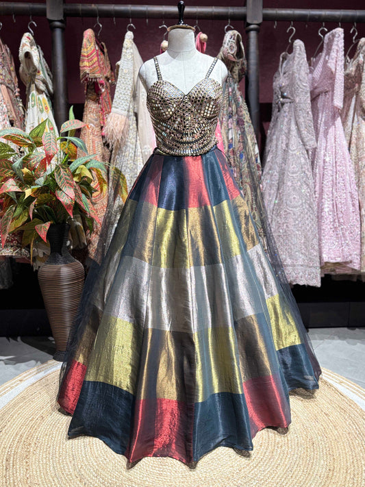 Multicolor Metallic Lehenga with Mirror Embellished Corset Blouse