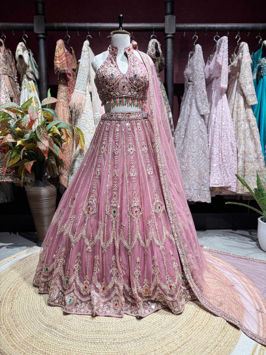 Designer Pink Embellished Grand Lehenga with Halter Blouse & Dupatta