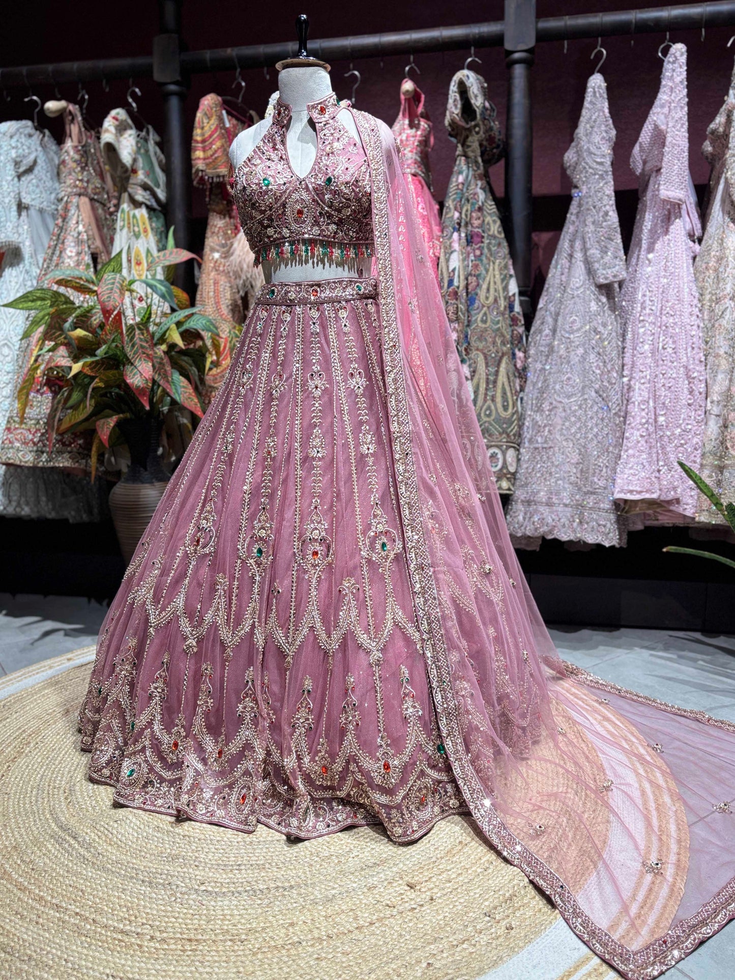 Designer Pink Embellished Grand Lehenga with Halter Blouse & Dupatta