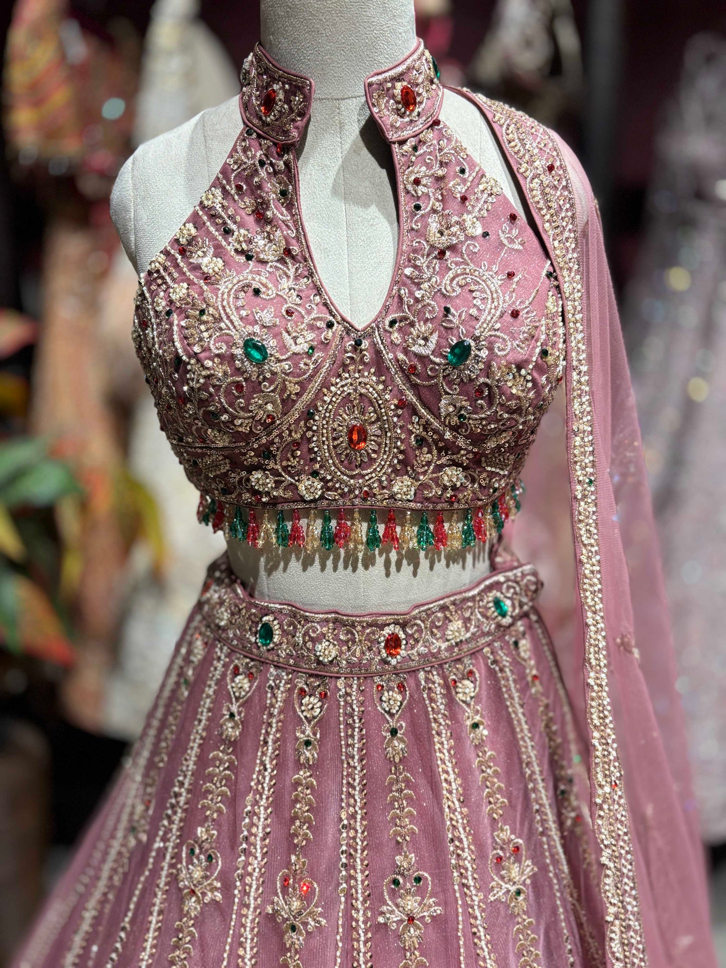 Designer Pink Embellished Grand Lehenga with Halter Blouse & Dupatta