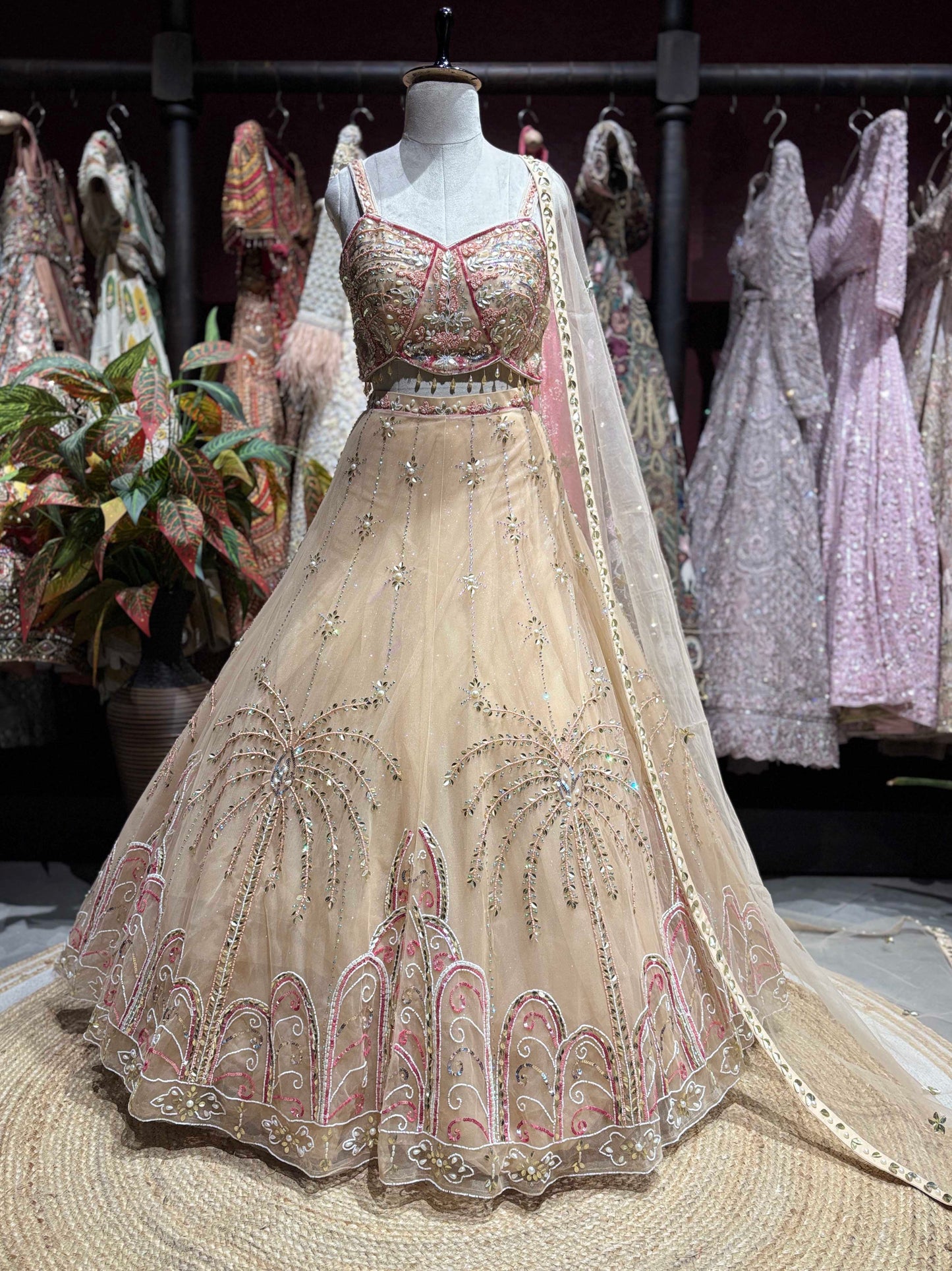 Champagne Beige Embellished Lehenga with Corset Blouse & Dupatta