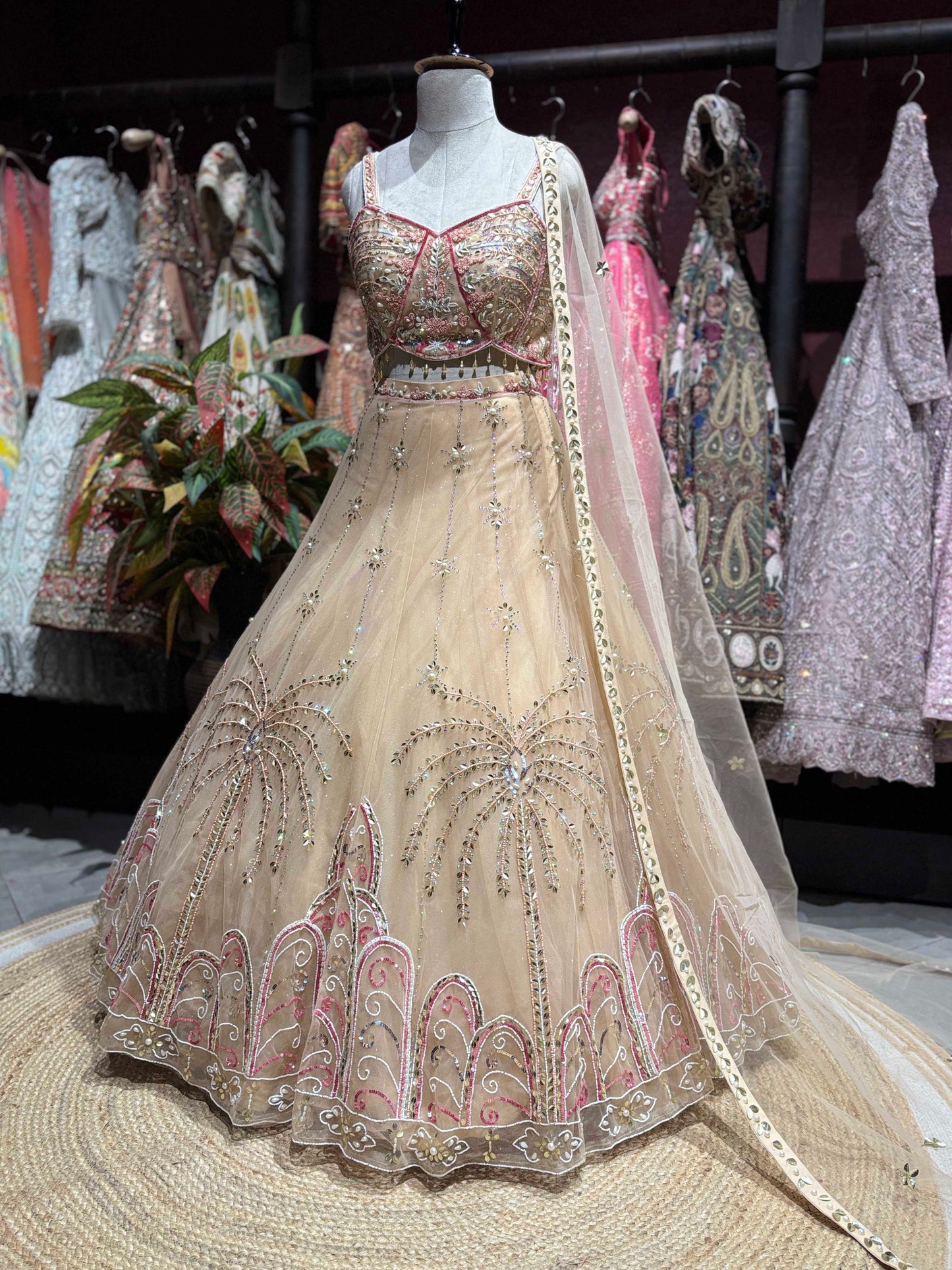 Champagne Beige Embellished Lehenga with Corset Blouse & Dupatta