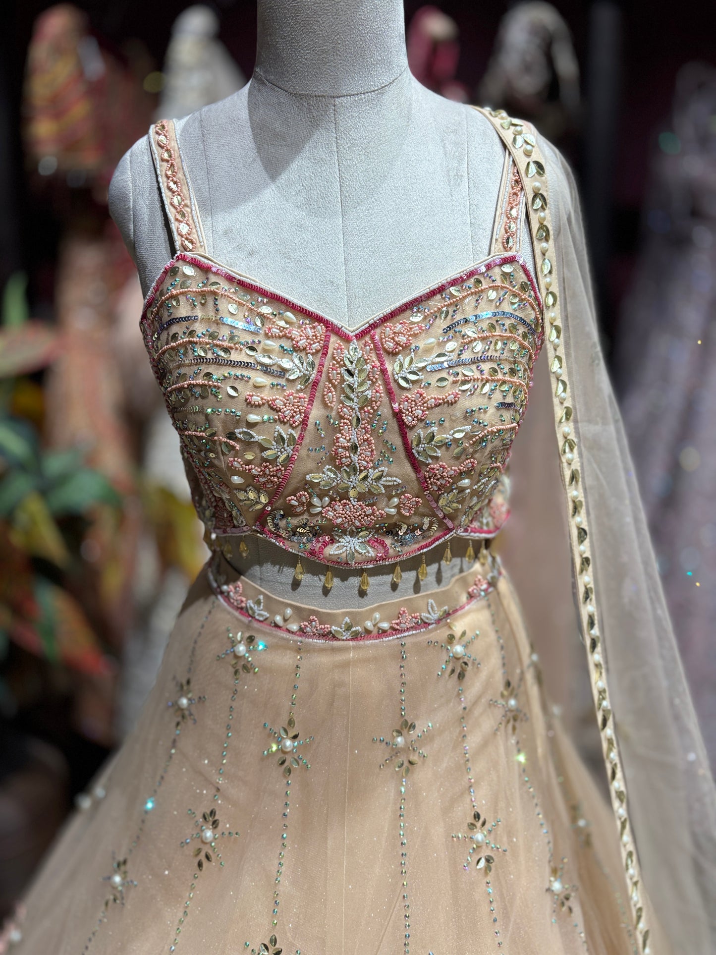 Champagne Beige Embellished Lehenga with Corset Blouse & Dupatta
