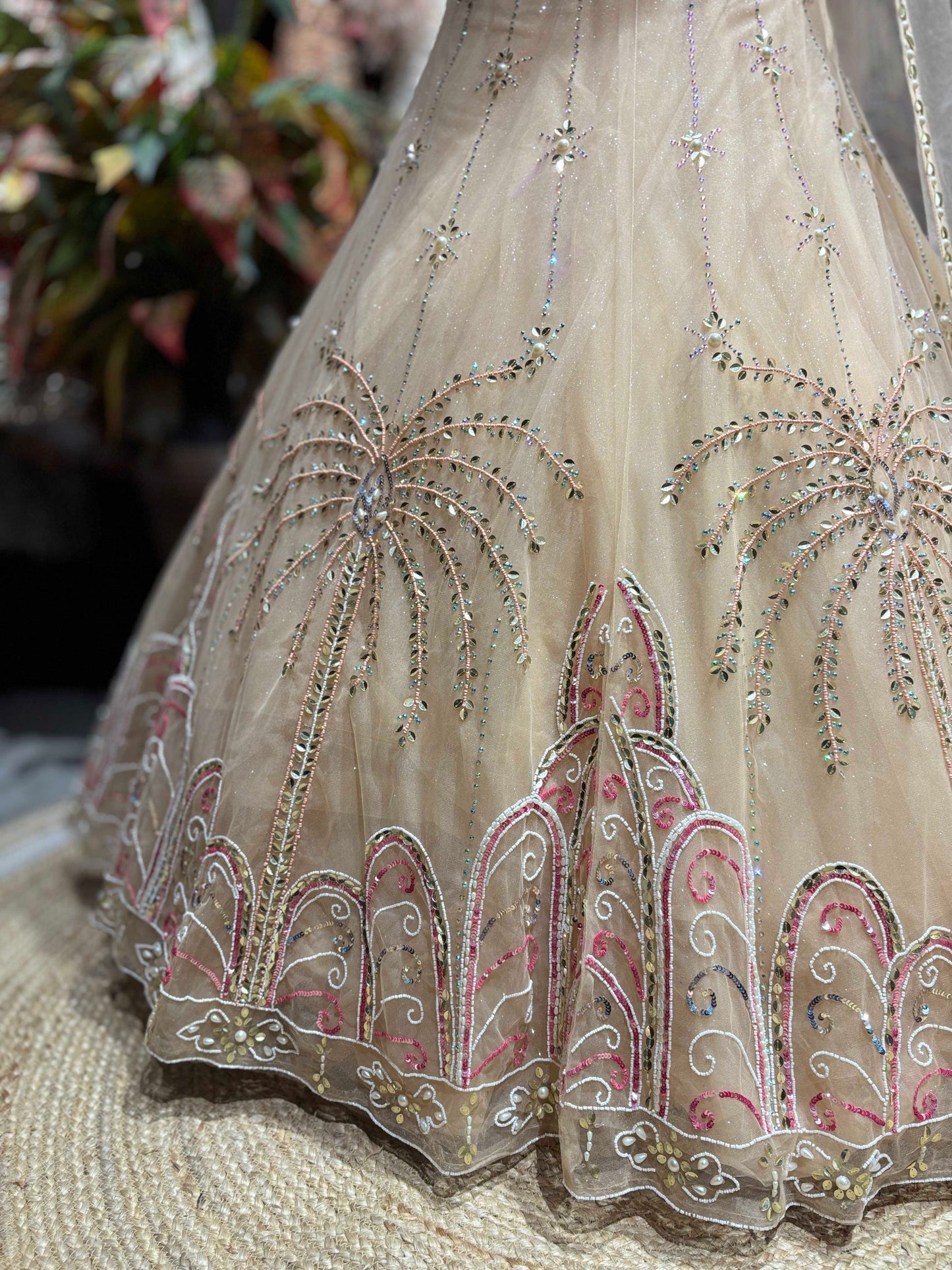 Champagne Beige Embellished Lehenga with Corset Blouse & Dupatta