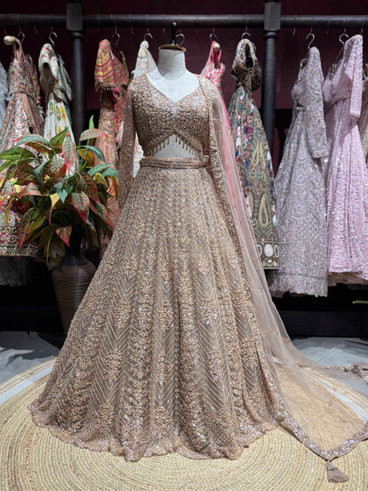 Champagne Gold Embellished Lehenga with Long-Sleeve Blouse & Dupatta