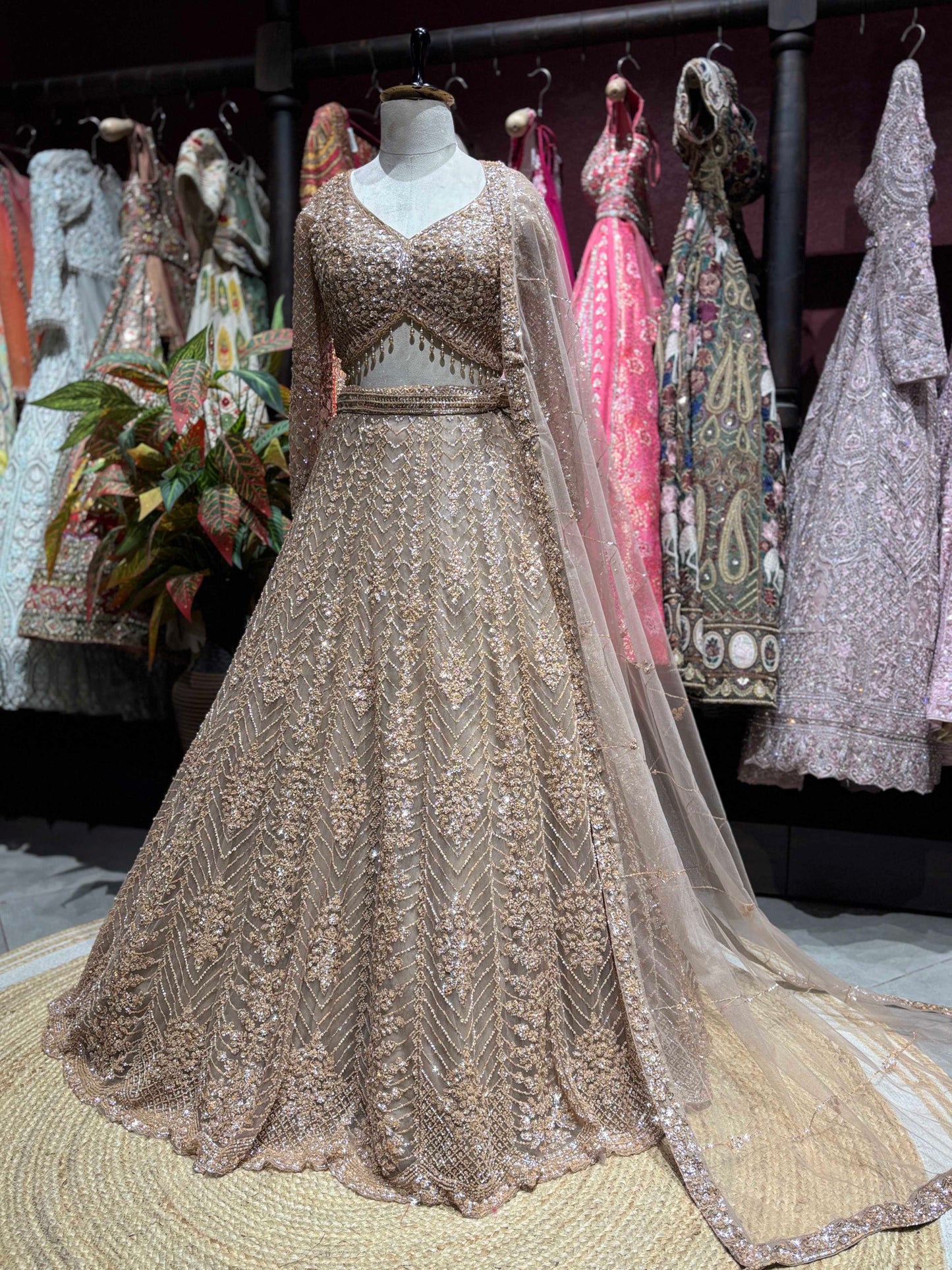 Champagne Gold Embellished Lehenga with Long-Sleeve Blouse & Dupatta