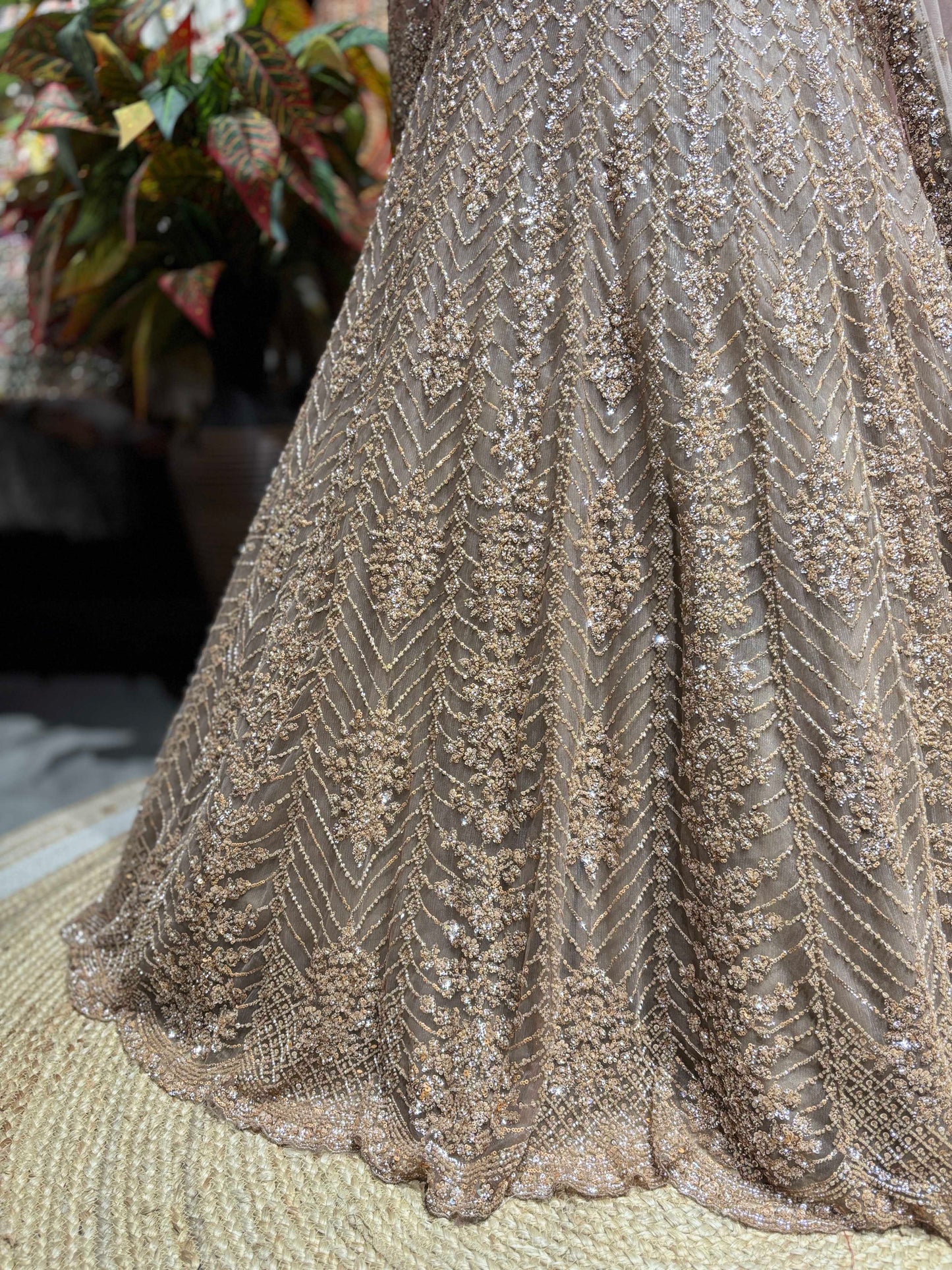 Champagne Gold Embellished Lehenga with Long-Sleeve Blouse & Dupatta