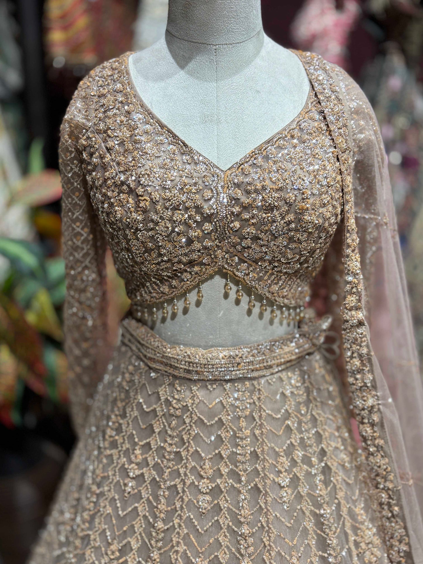 Champagne Gold Embellished Lehenga with Long-Sleeve Blouse & Dupatta