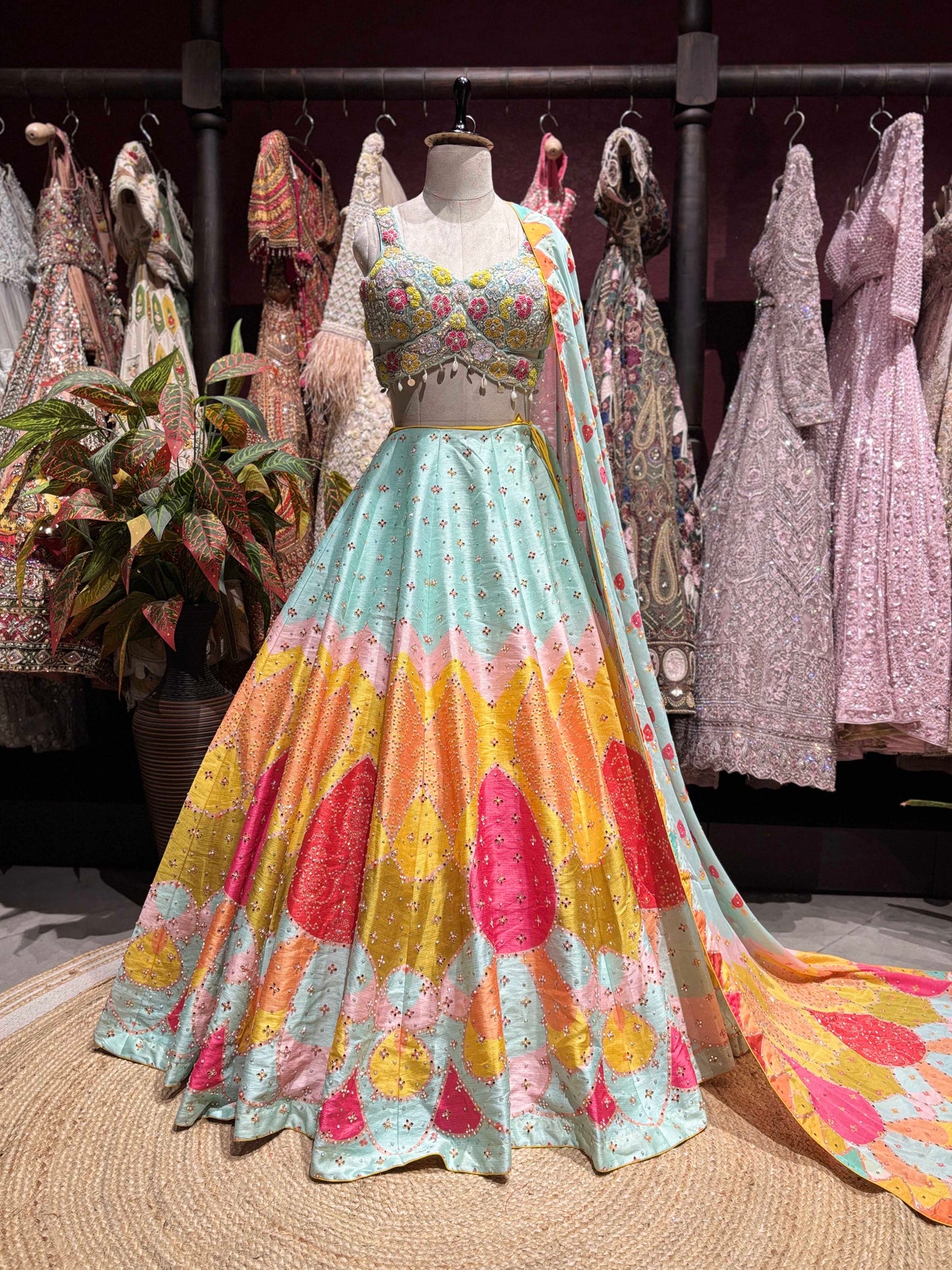 Multicolor Lotus Lehenga with Floral Embellished Blouse & Dupatta